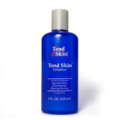 Tend Skin solution bottle closeup shows post-shave care for smooth skin.