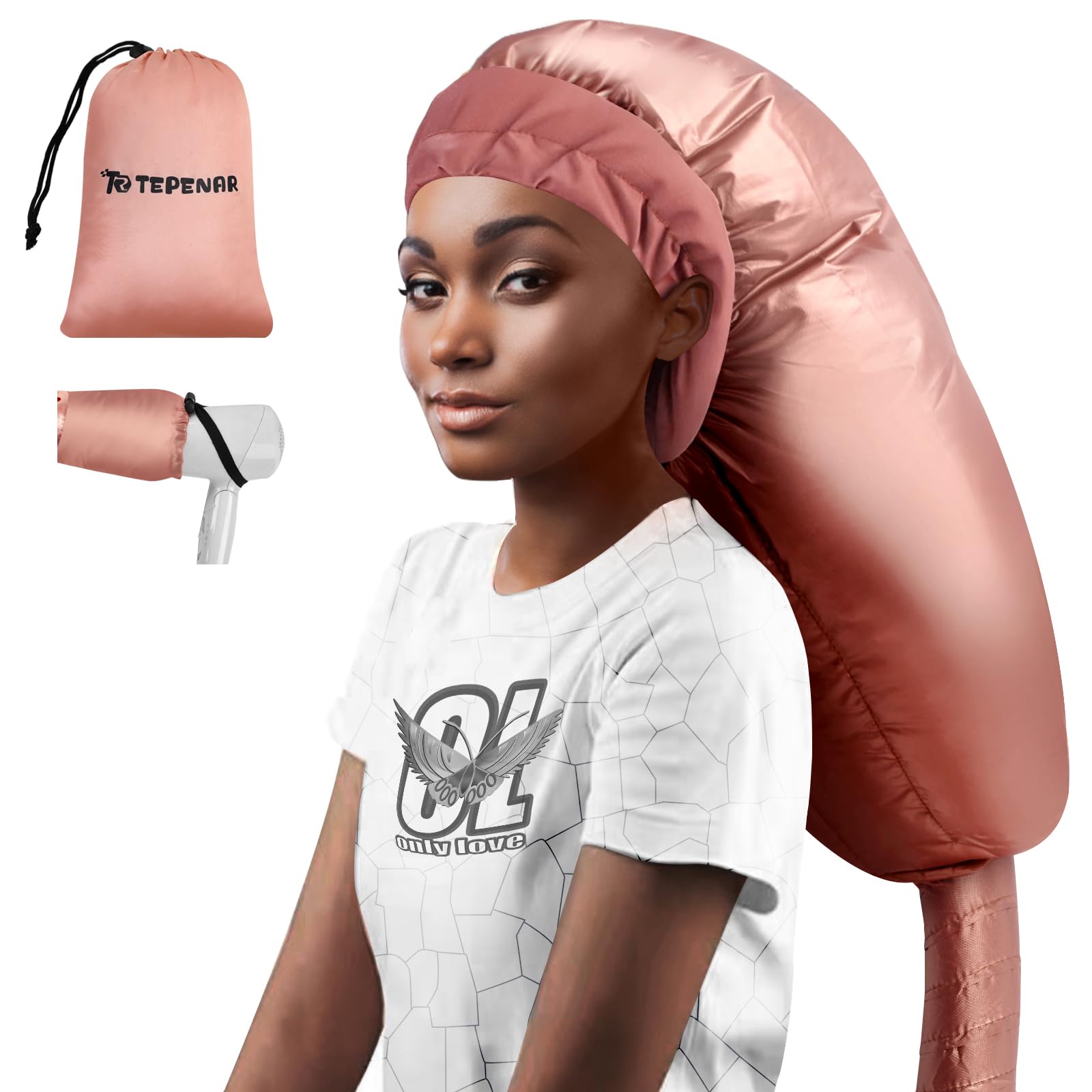 TEPENAR hair dryer bonnet with oversized hood for efficient long-hair drying.