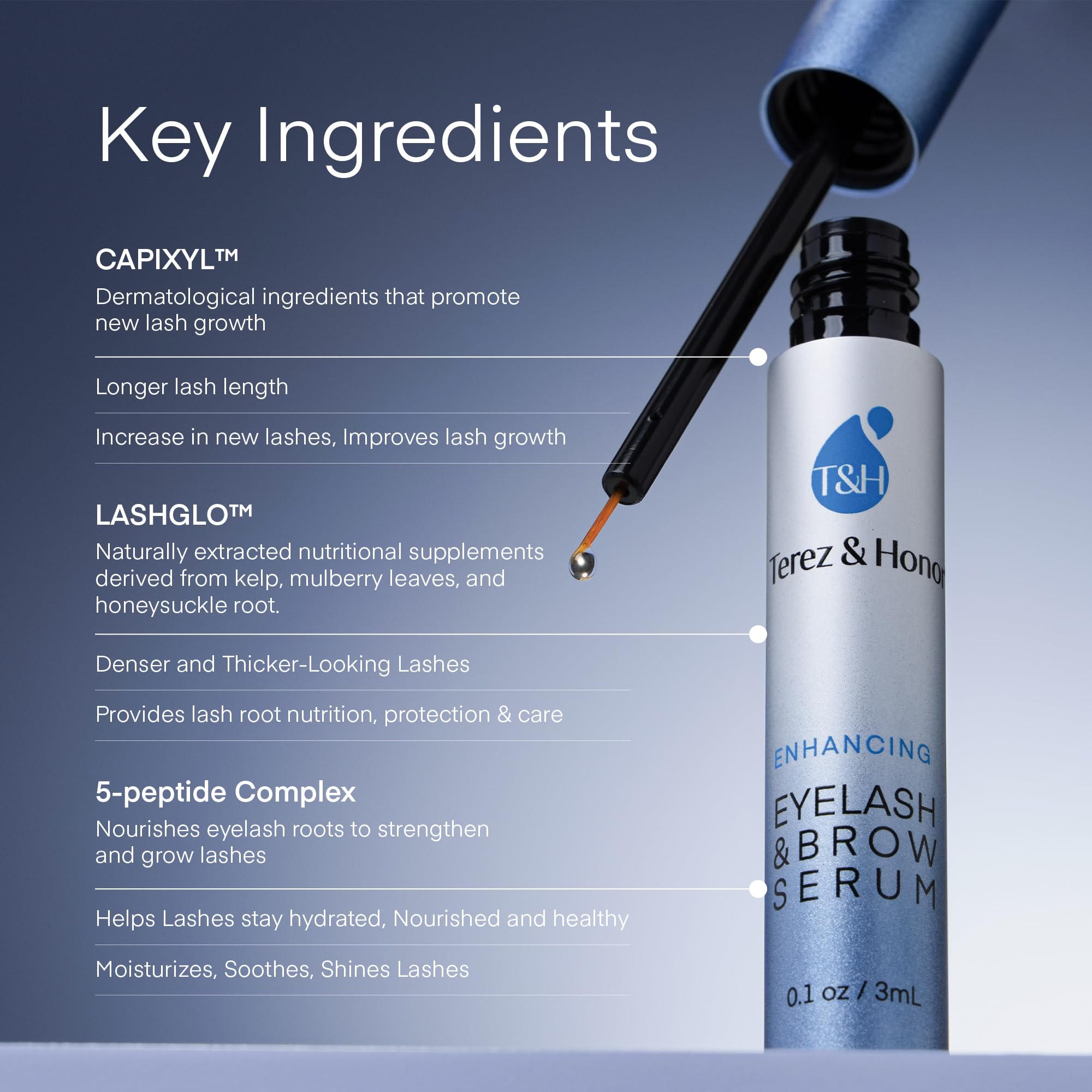 Terez & Honor Advanced Eyelash Serum brush applicator for precise, mess-free application.