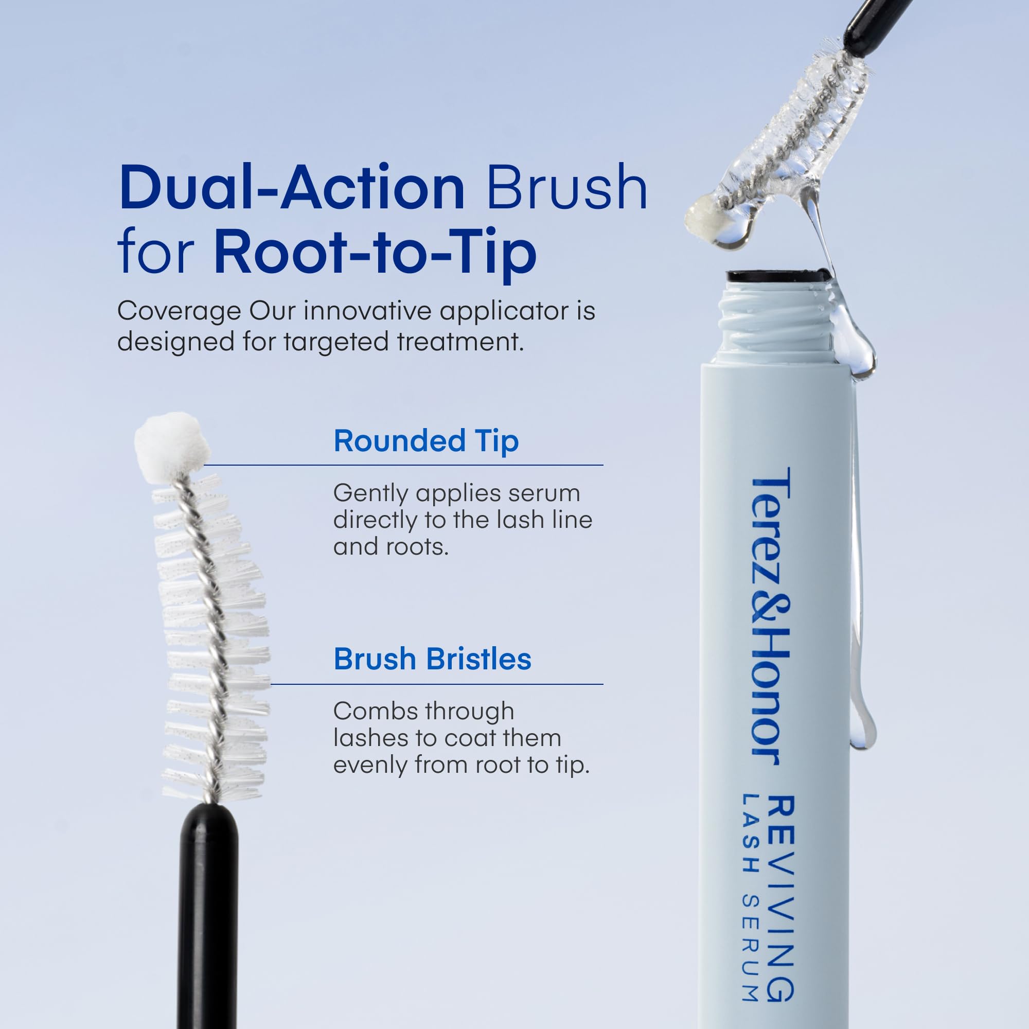 Ingredients panel on Terez & Honor Reviving Lash Serum highlighting peptides and vegan PDRN