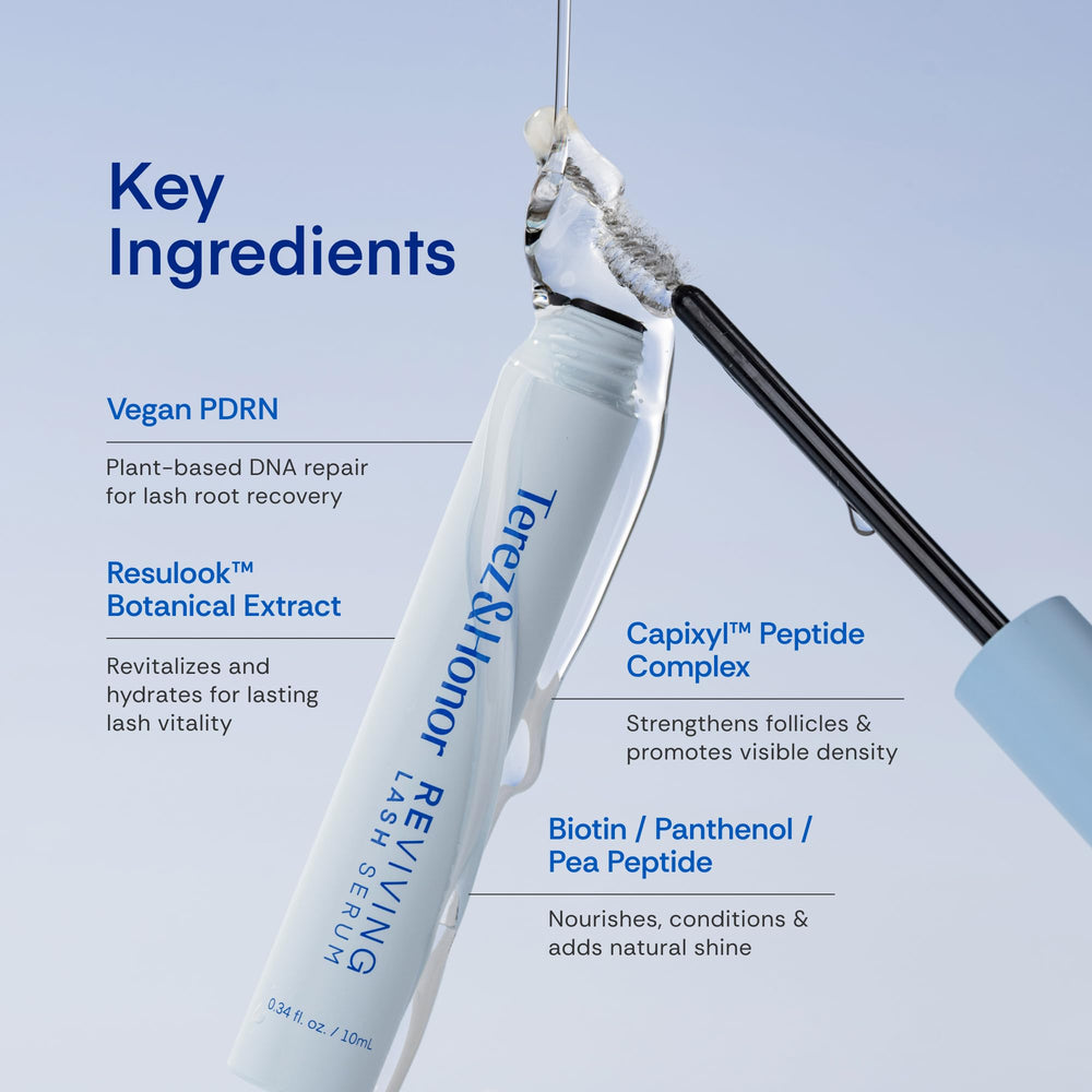 Close-up label of Terez & Honor Reviving Lash Serum highlighting clean formula