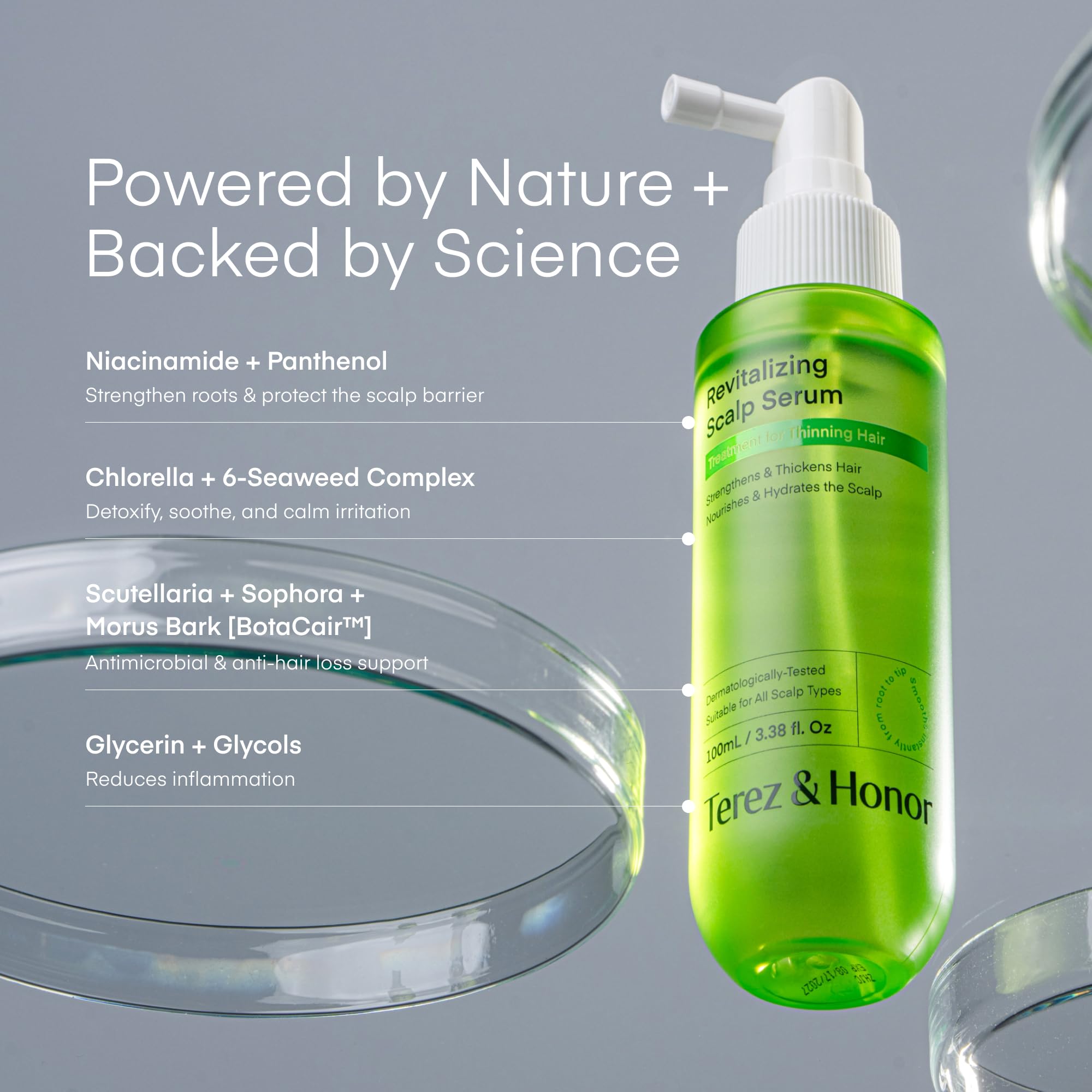 TEREZ & HONOR suero capilar con aplicador para exfoliación suave de caspa y confort.