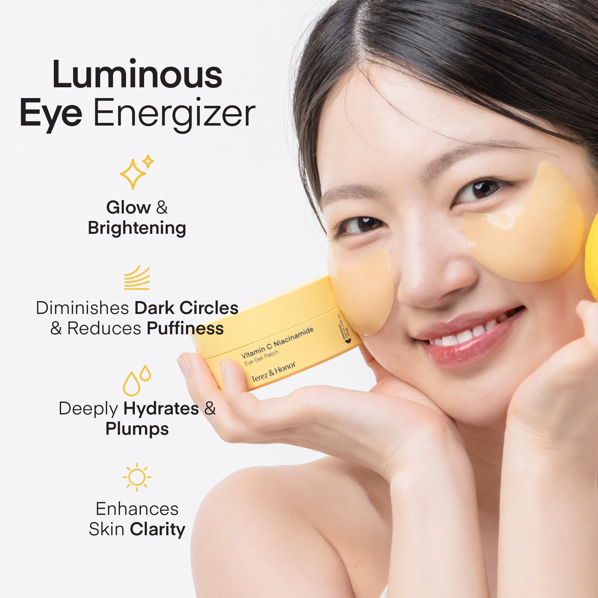 TEREZ & HONOR Vitamin C Eye Patches packaging highlights vegan, fragrance-free design.