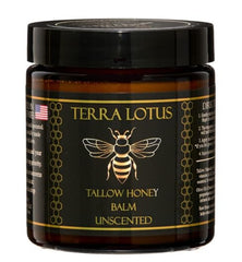 Terra Lotus Honey Tallow Balm jar close-up for rich, natural moisture.