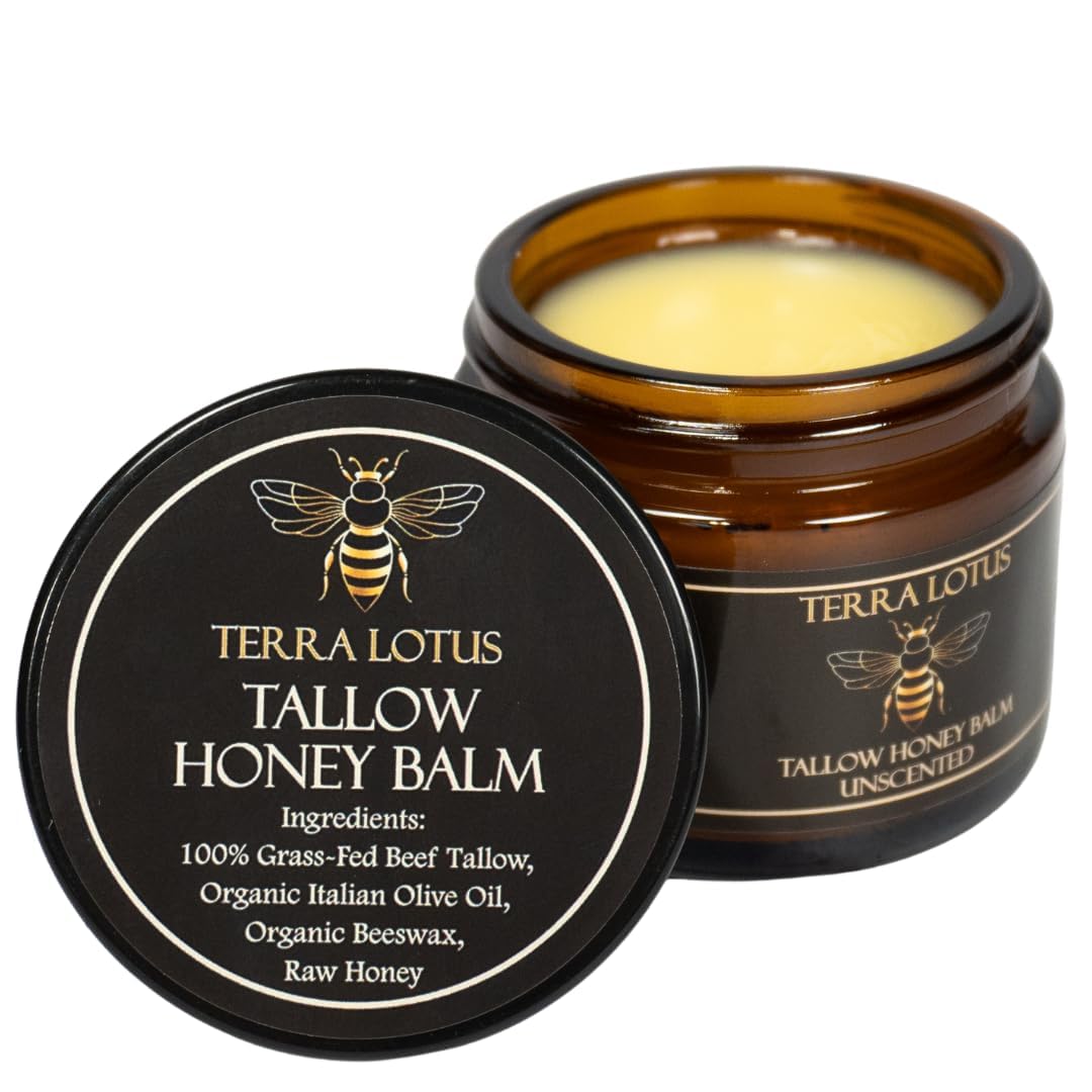Terra Lotus honey tallow balm jar on wood for daily hydration