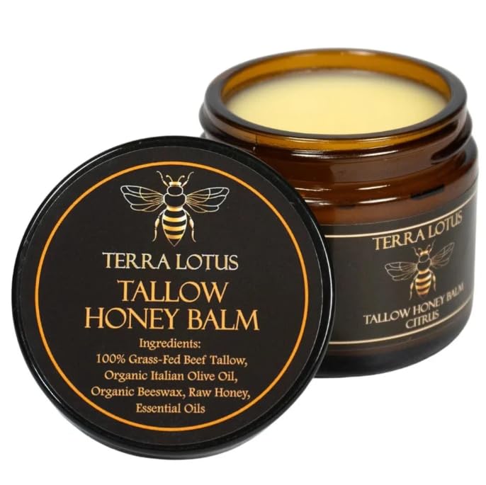 Terra Lotus honey tallow balm jar shows natural ingredients for nourished skin