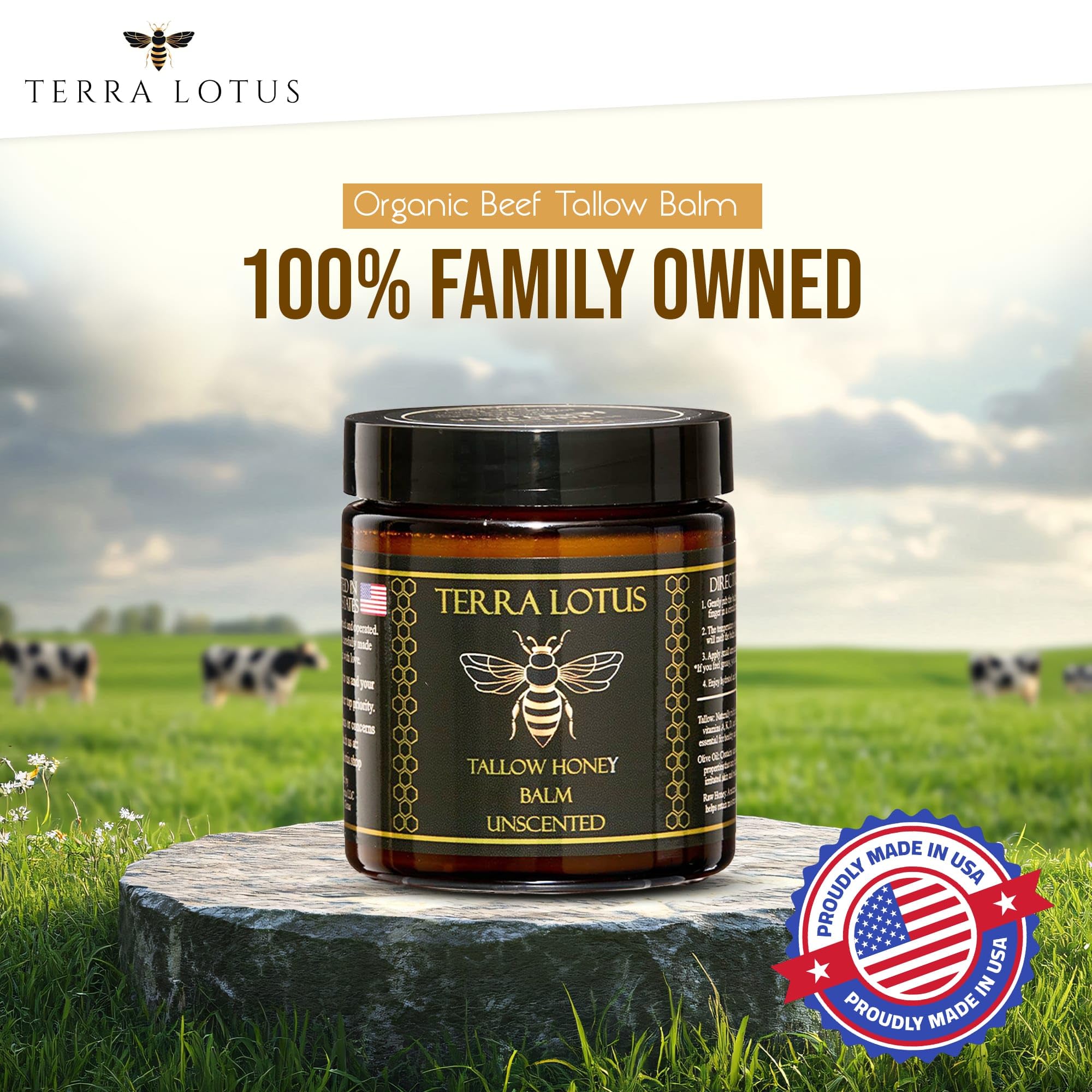 Terra Lotus Honey Tallow Balm label highlights organic, grass-fed tallow benefits.