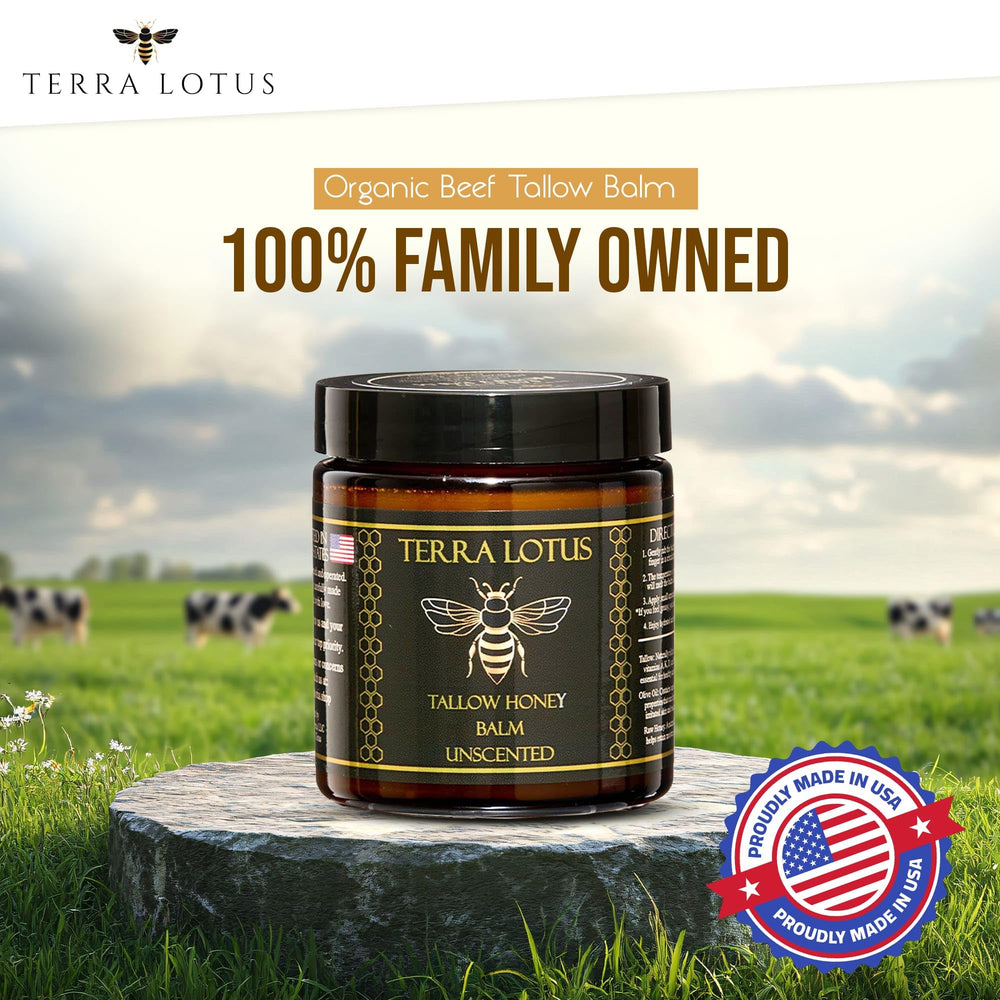 Terra Lotus Honey Tallow Balm label highlights organic, grass-fed tallow benefits.