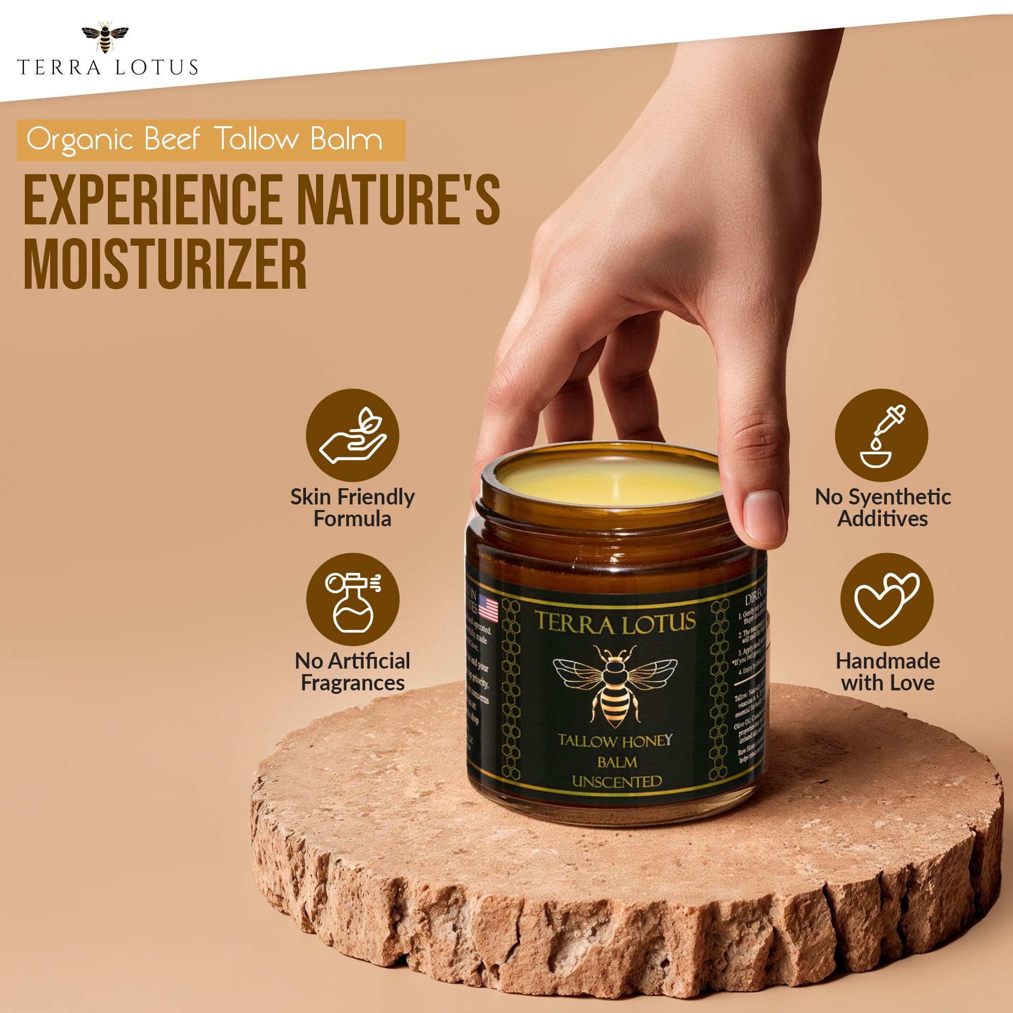 Terra Lotus Honey Tallow Balm on a bathroom sink for daily use.