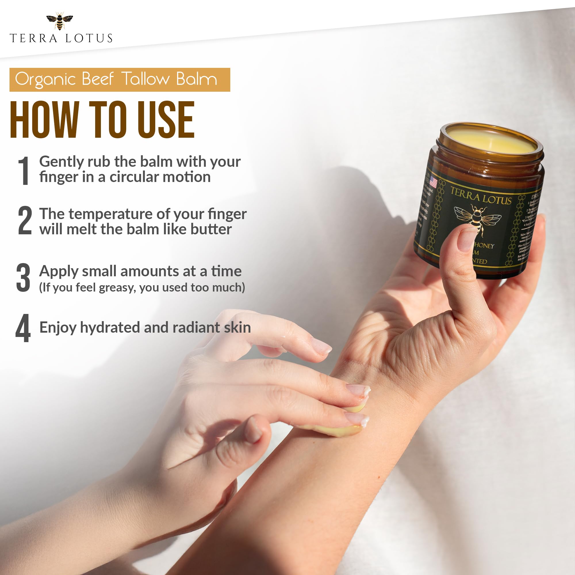 Terra Lotus balm on a wooden surface beside soft towels.