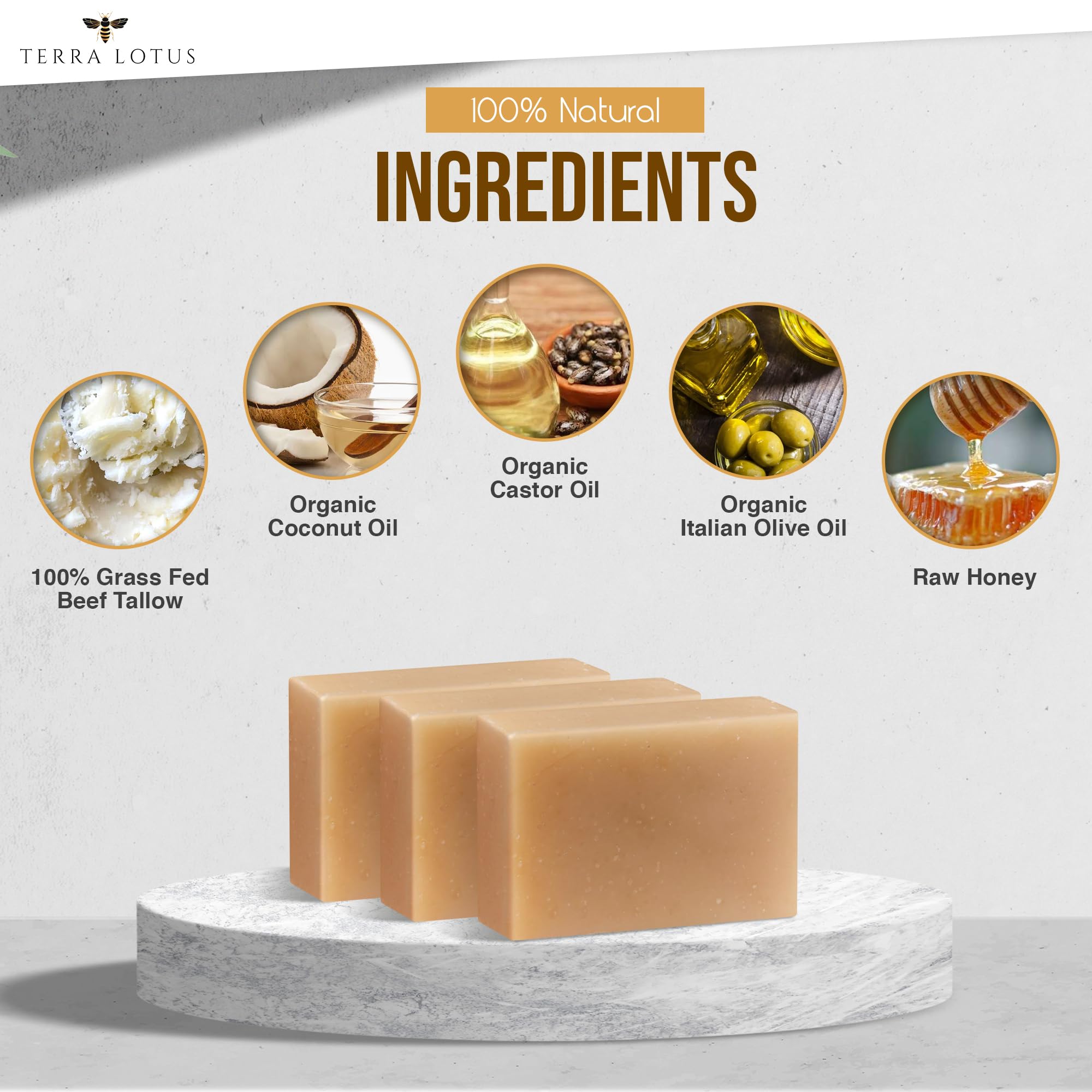 Terra Lotus tallow soap with raw honey ingredients; nourishing and antioxidant-rich