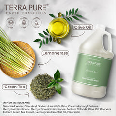 Hotel bathroom scene with Terra Pure hospitality amenities in room.