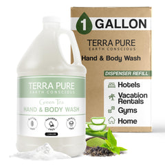 Terra Pure Hotel Body Wash bottle front shows inviting green tea scent for guest rooms.
