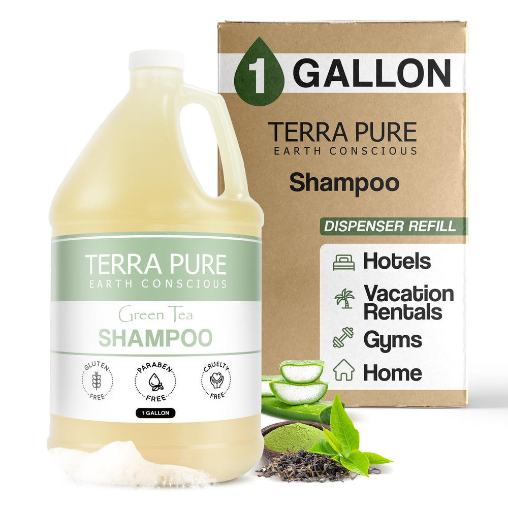 Terra Pure Hotel Shampoo 1-gallon bottle for easy dispenser refills in guest rooms