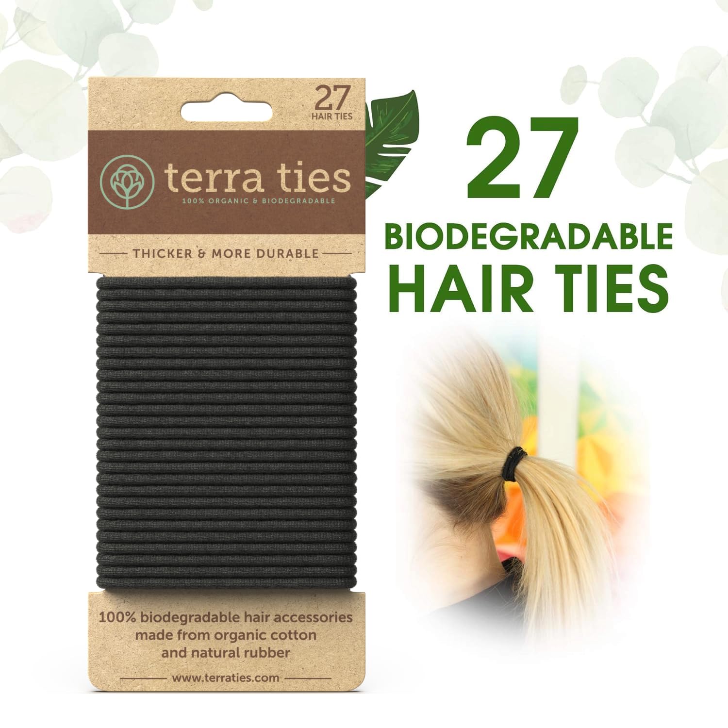 Elásticos negros biodegradables Terra Ties en primer plano.