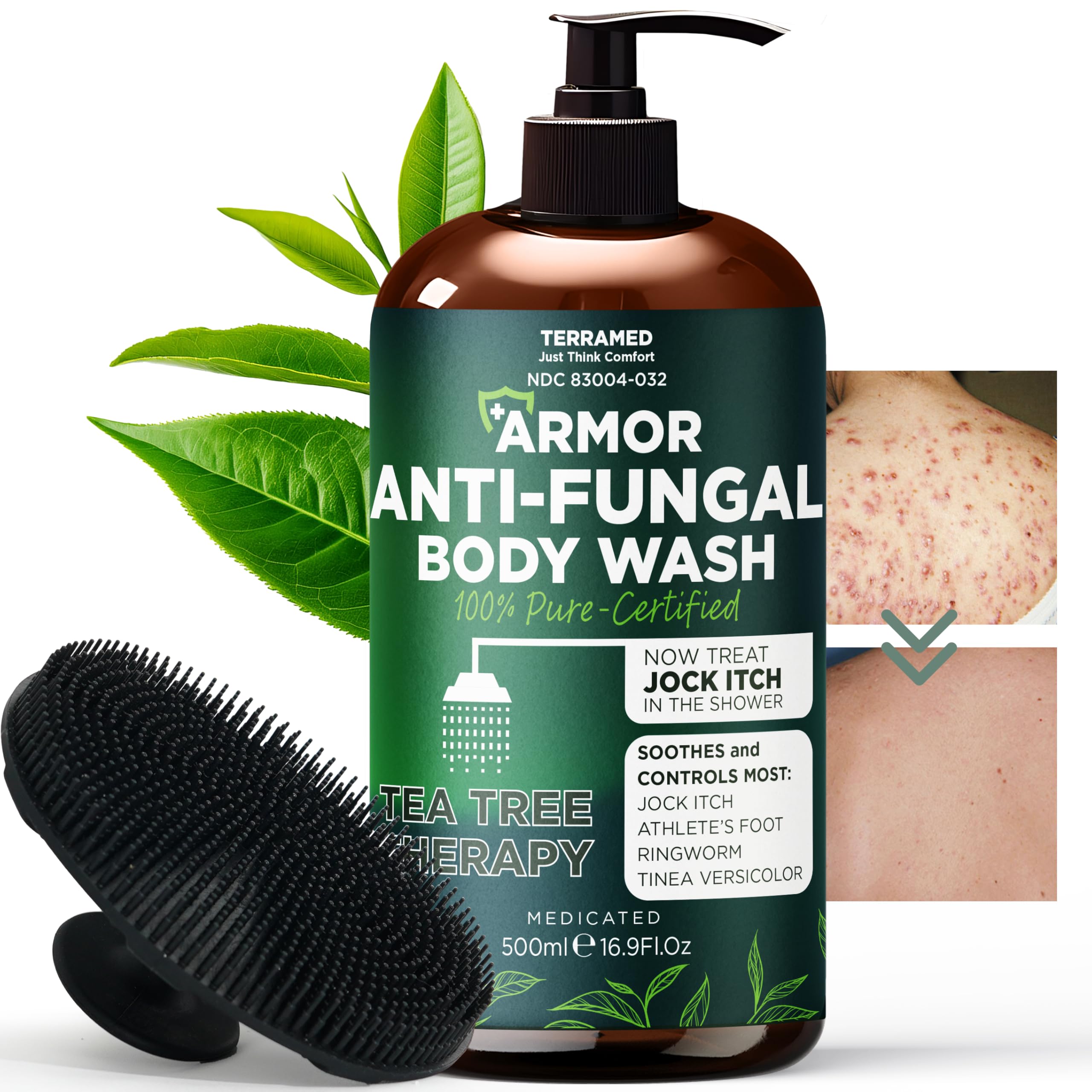 Terramed Just Think Comfort antifungal wash bottle pouring for clean, refreshed skin after workouts.