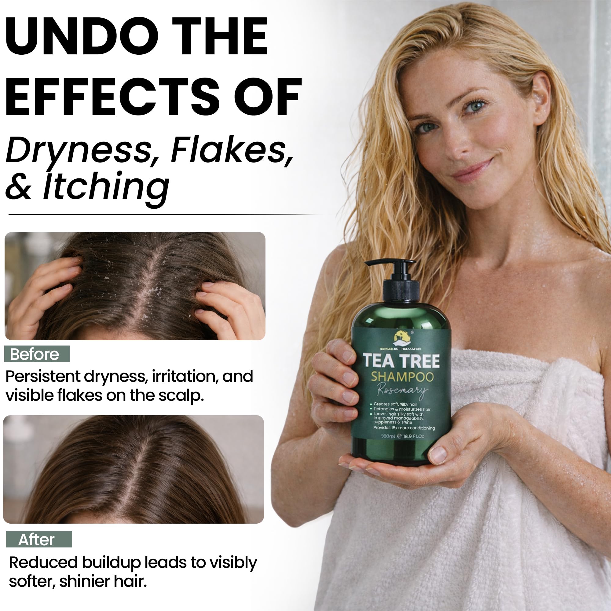 Terramed Just Think Comfort tea tree conditioner bottle delivering thicker, fuller look after use