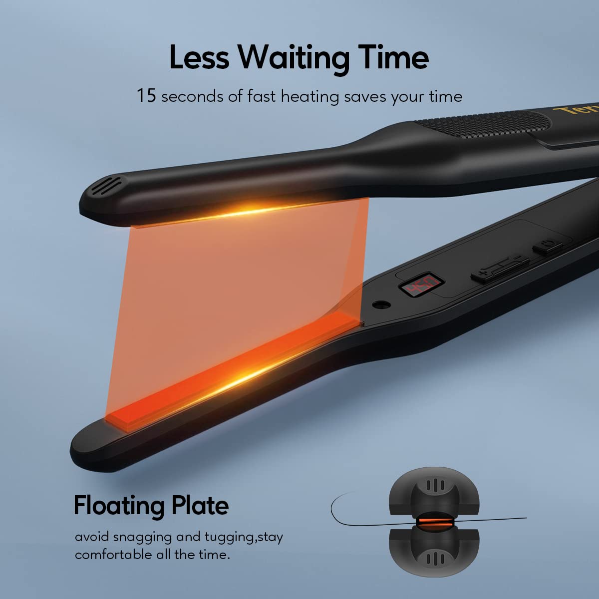 Terviiix Mini Flat Iron demonstrating 15-second heat up for fast sessions.