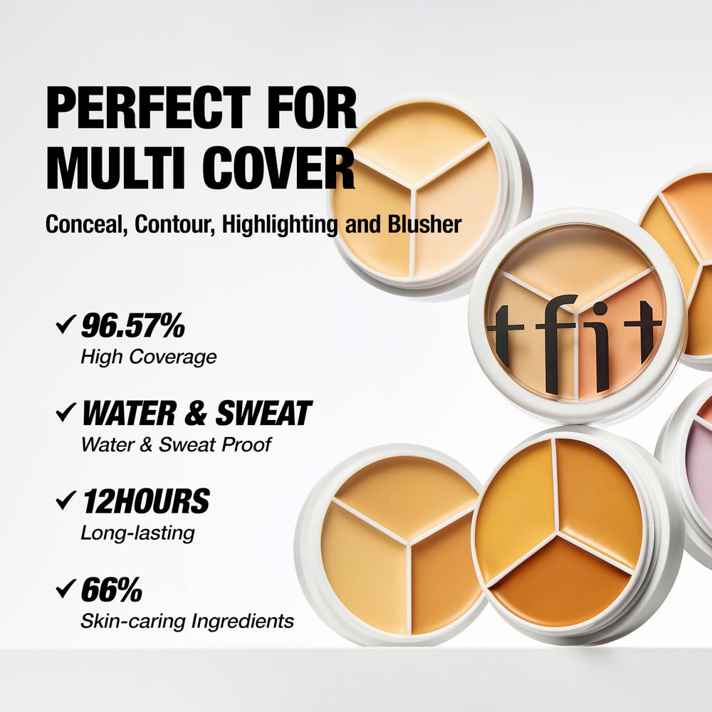 TFIT paleta triple corrector textura cremosa para cobertura natural y acabado suave.