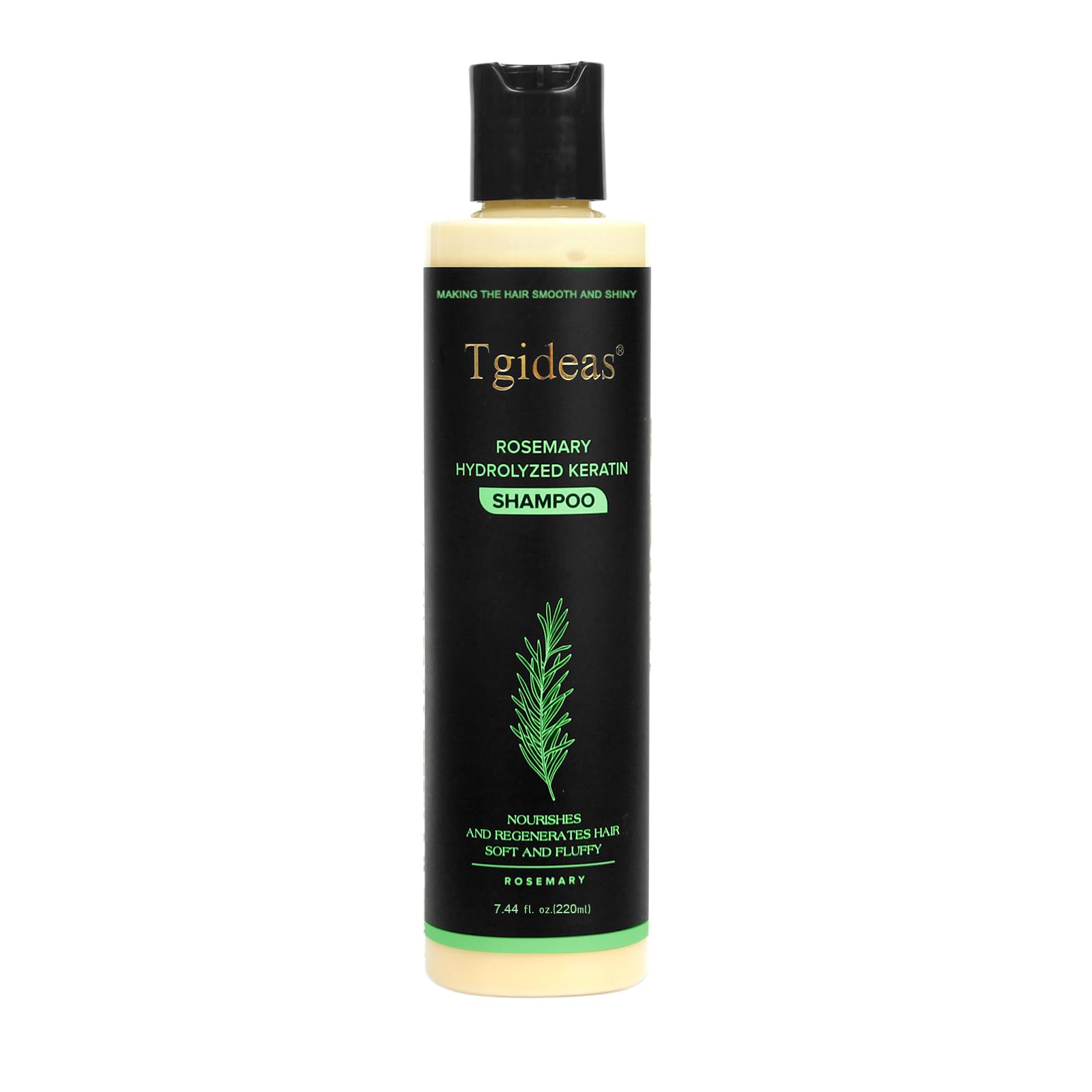 Tgideas Champú Romero, botella en uso, brillo y suavidad en cabello.