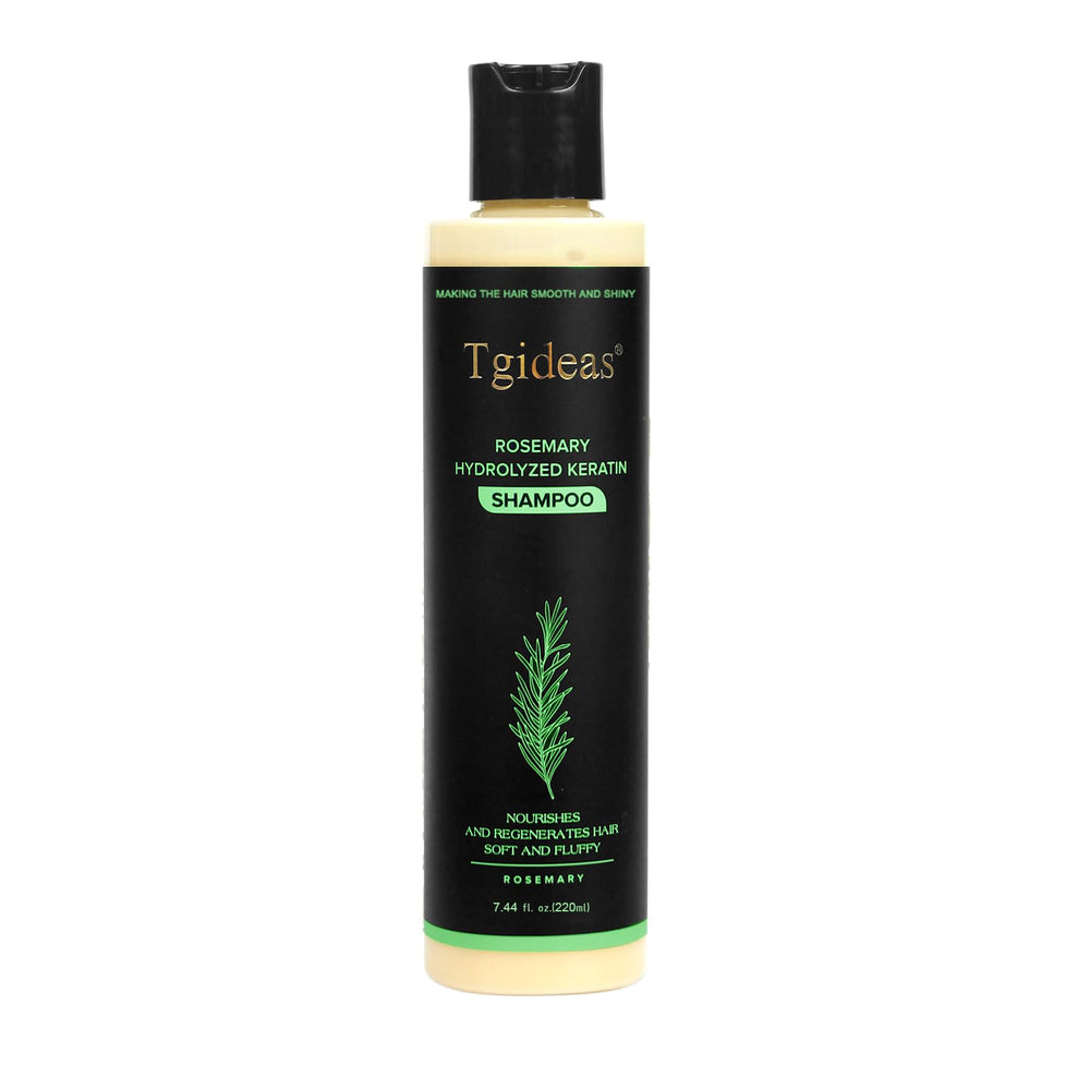 Tgideas Champú Romero, botella en uso, brillo y suavidad en cabello.