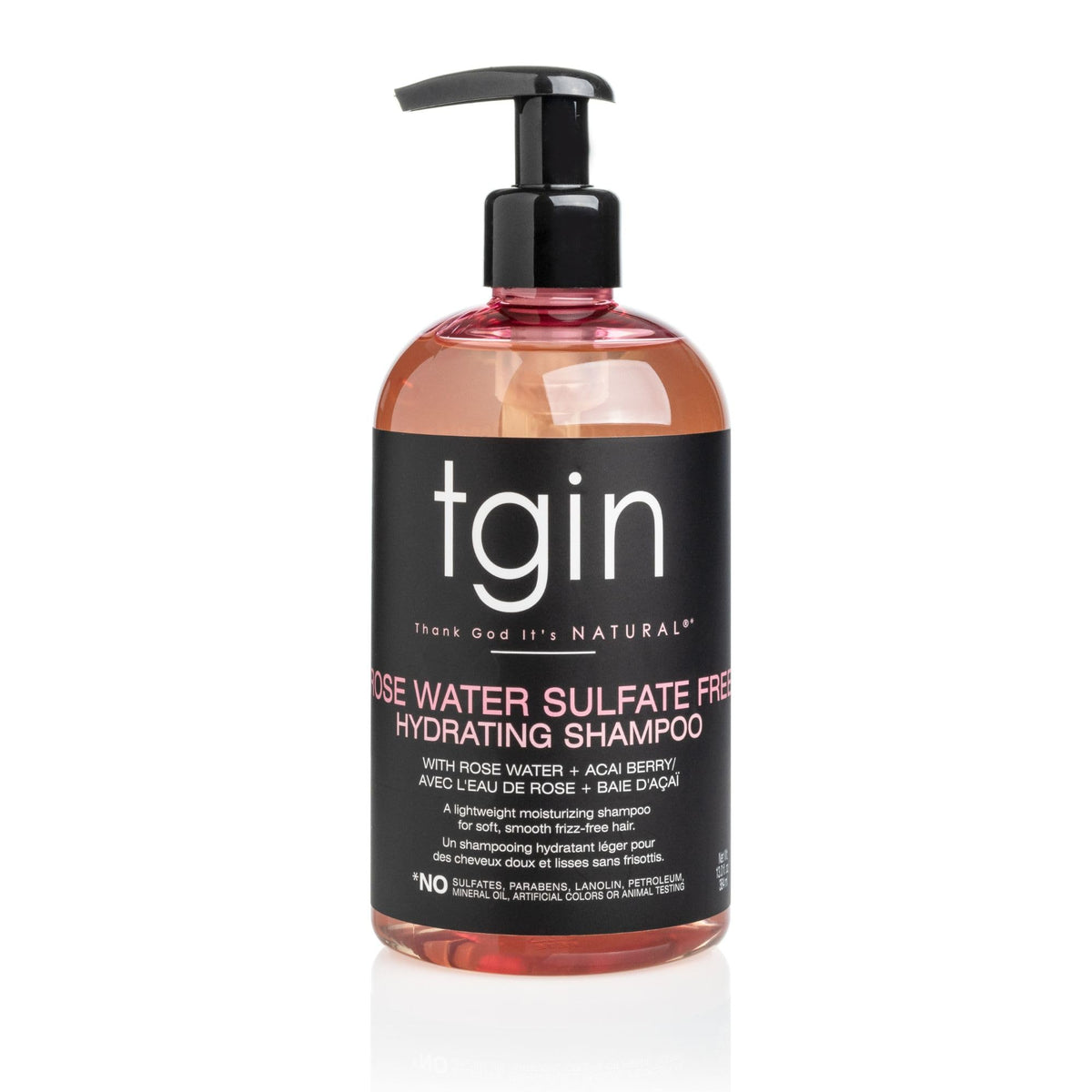 TGIN Rose Water: botella vertiendo para una limpieza suave en la ducha.