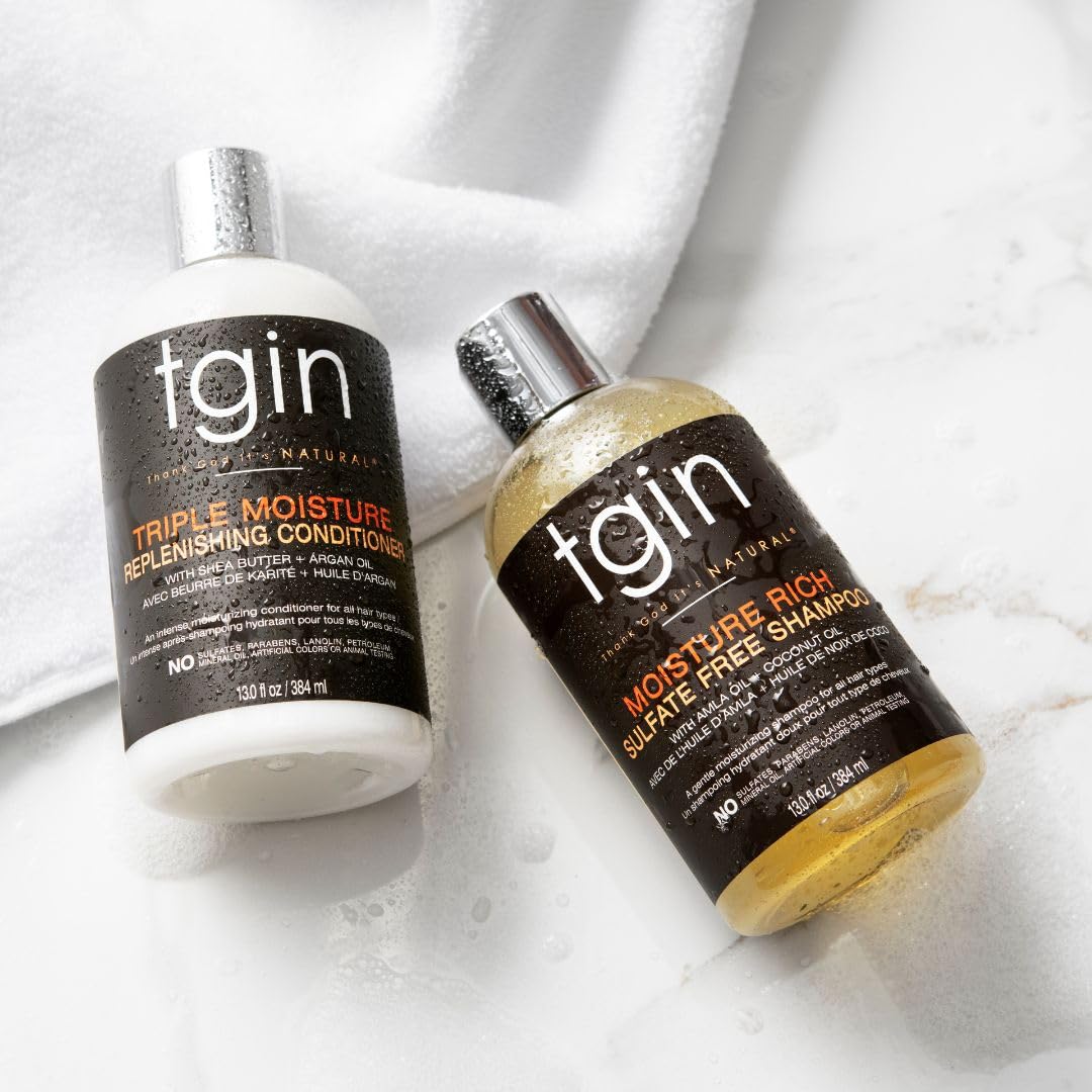 tgin Shampoo and Conditioner set packaging displayed for shoppers