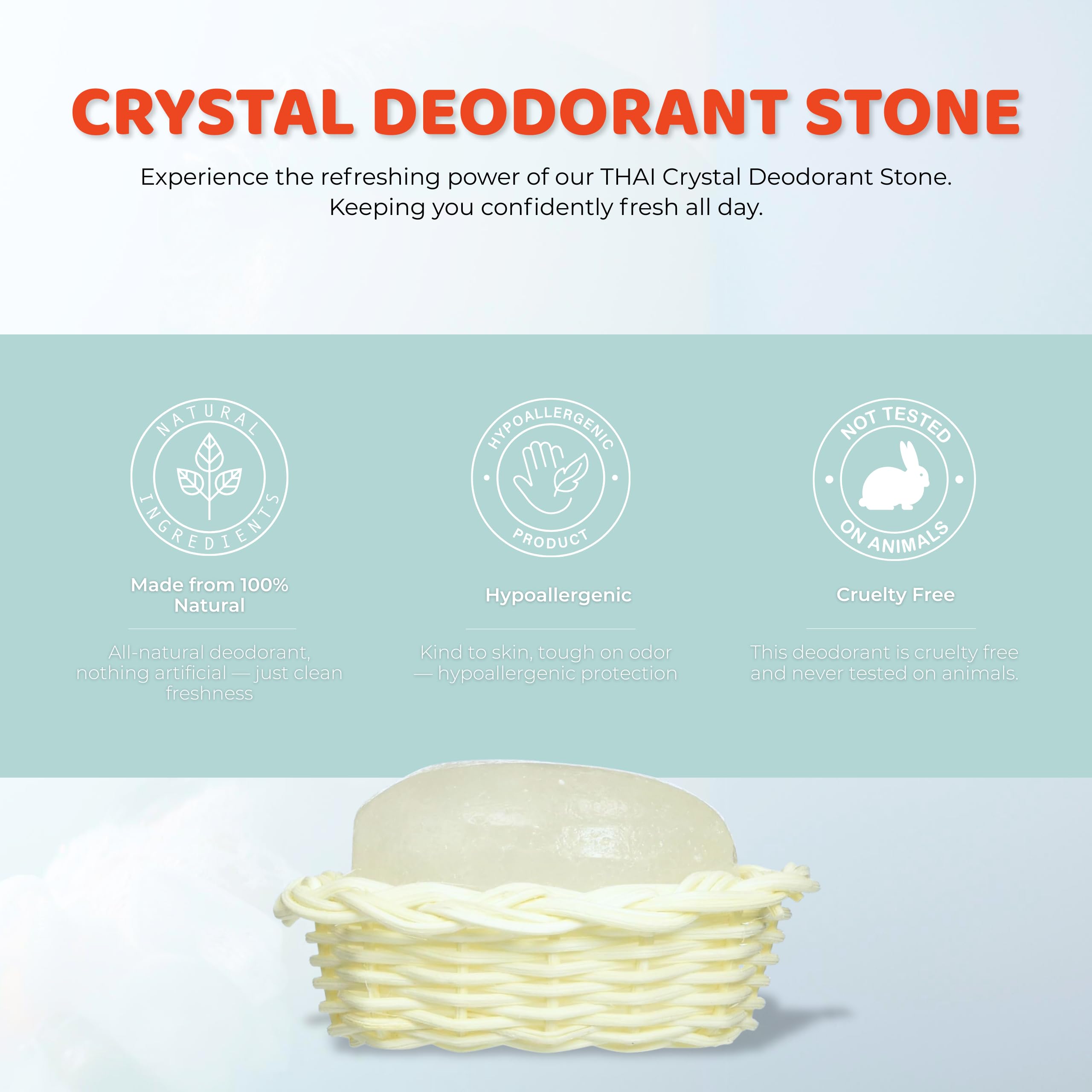 Detalle mineral de Thai Deodorant Stone en cesta, aspecto puro.