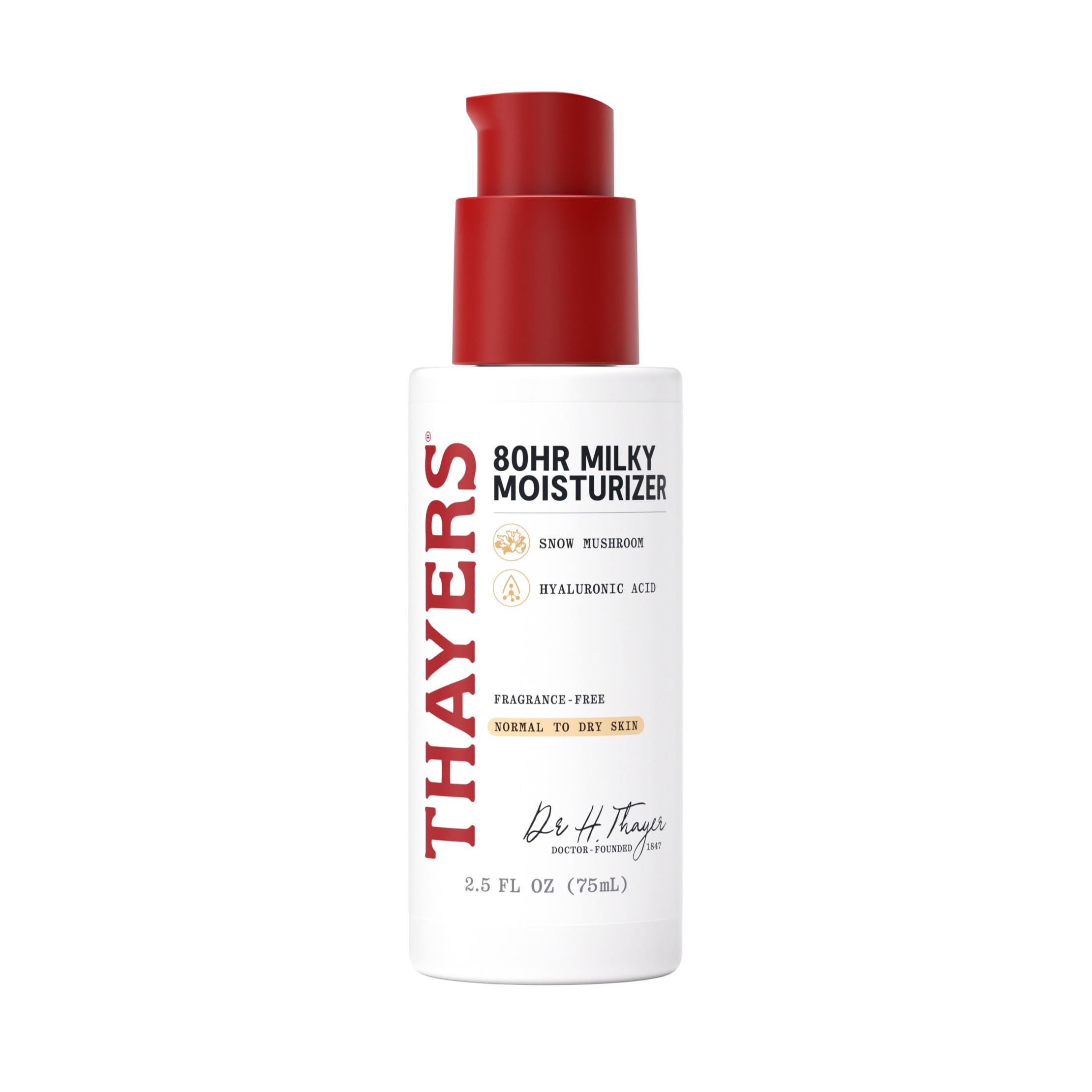 THAYERS 80HR crema lechosa en botella, hidratación duradera sin grasa.