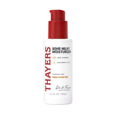 THAYERS 80HR crema lechosa en botella, hidratación duradera sin grasa.
