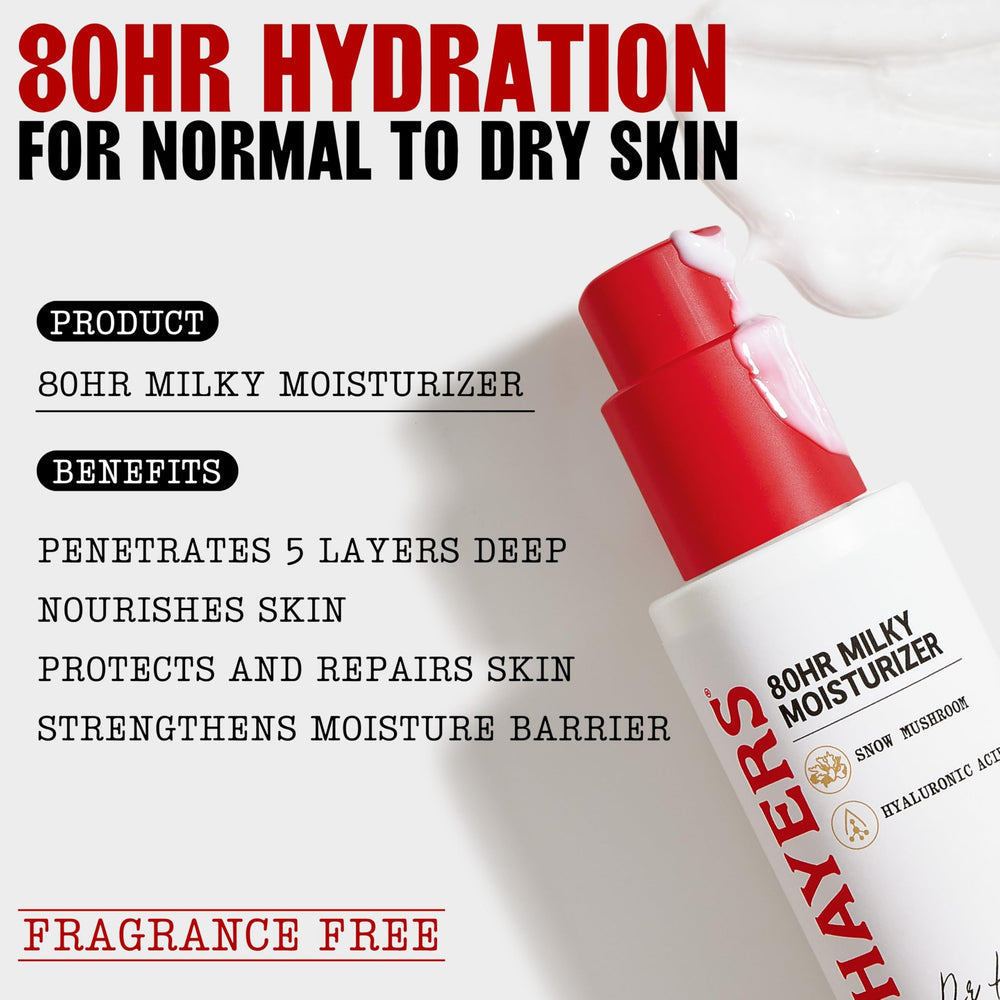 THAYERS 80HR crema lechosa, absorción rápida para piel fresca.
