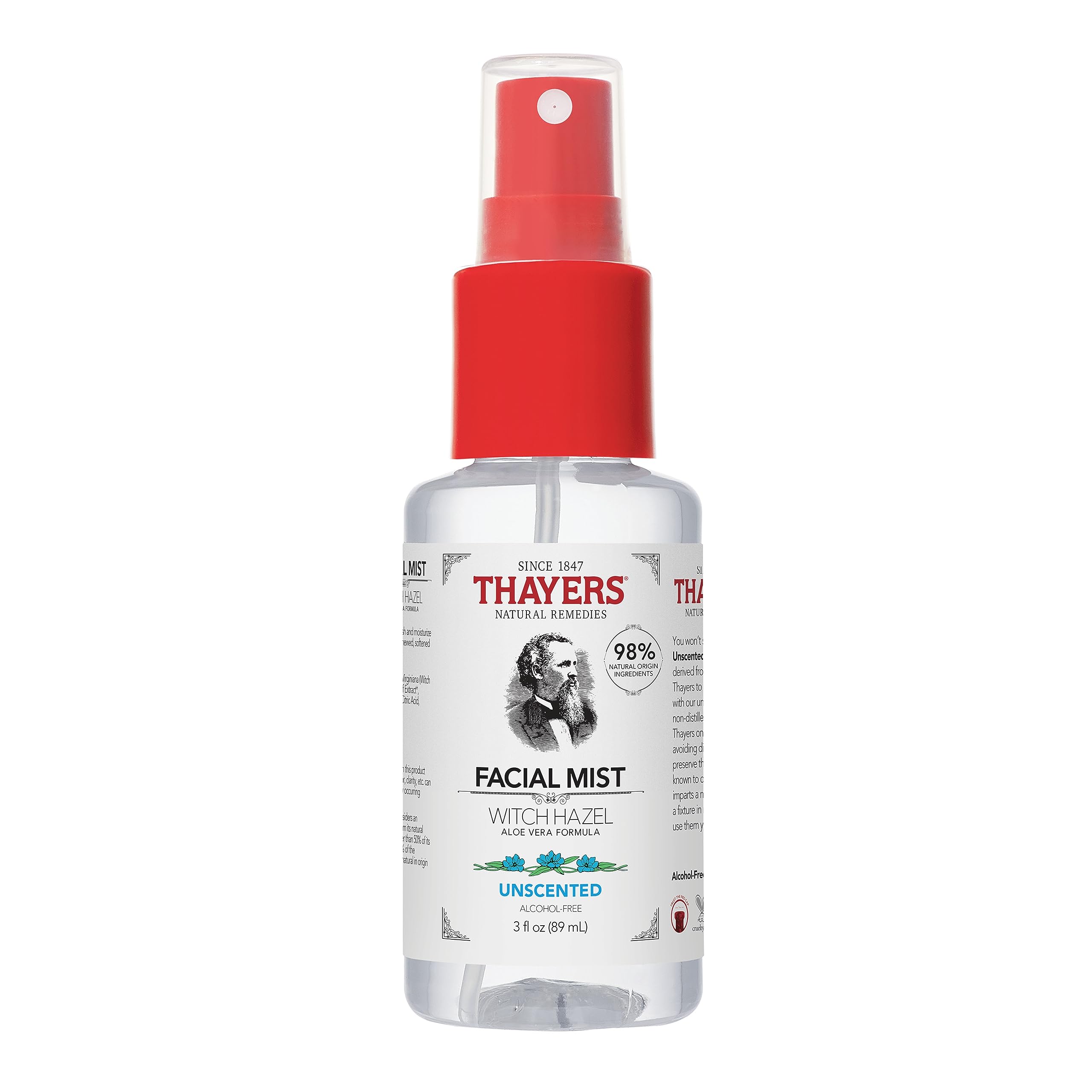 Thayers facial mist bottle in hand showing portable hydration for all skin types.