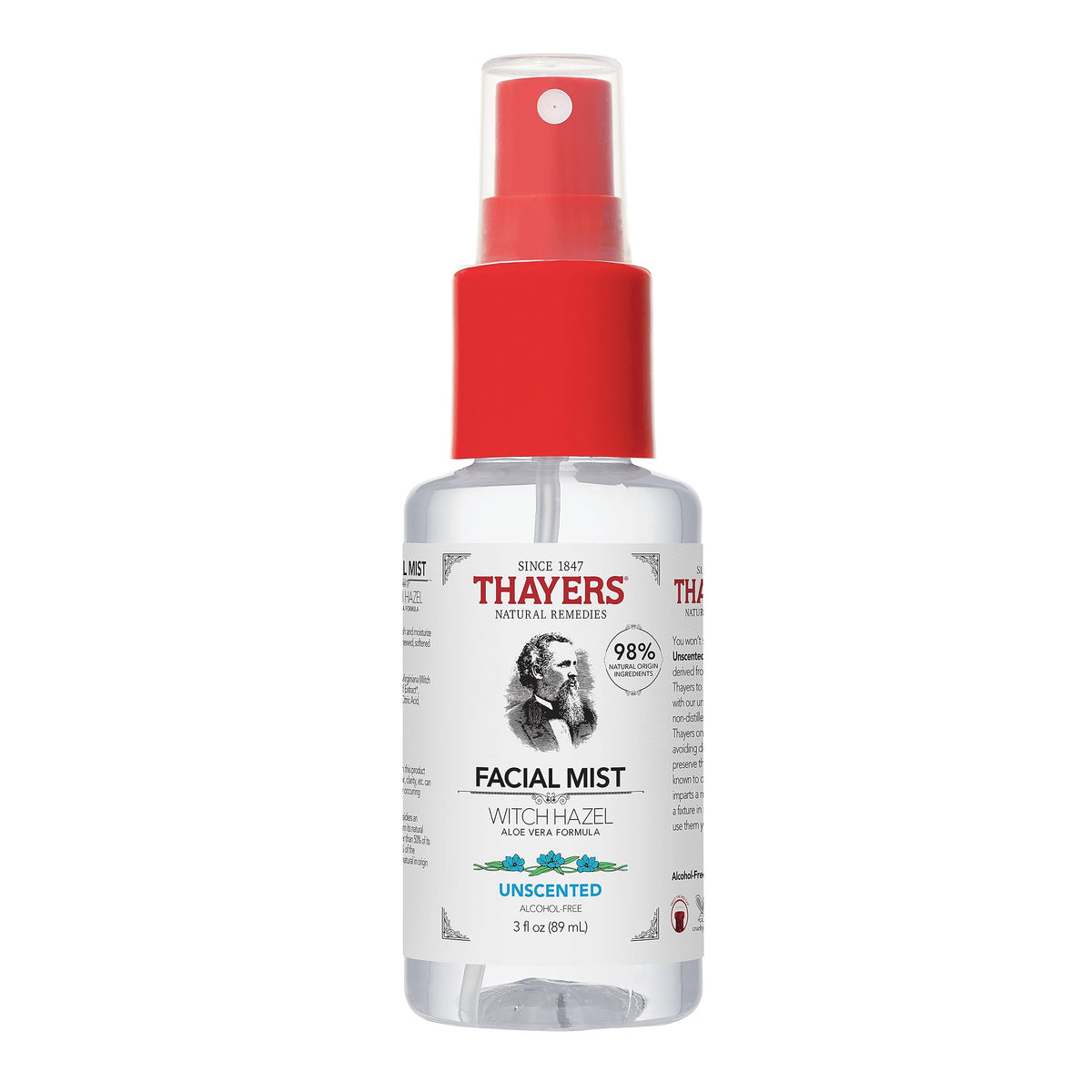 Thayers facial mist bottle in hand showing portable hydration for all skin types.