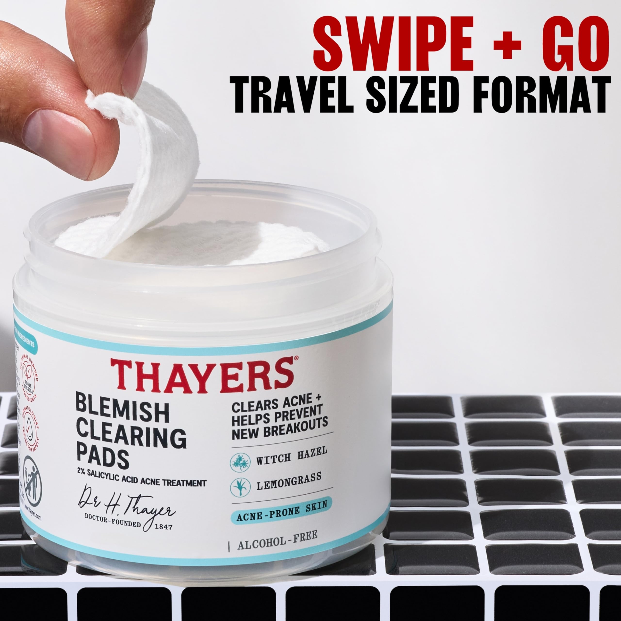 Thayers discos tónico antiacné, exfoliación suave para textura uniforme.