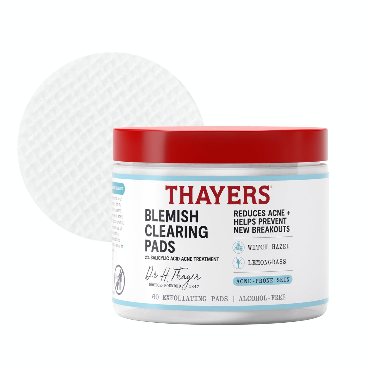 Thayers discos tónico antiacné, primer plano, ideal para cuidado diario.