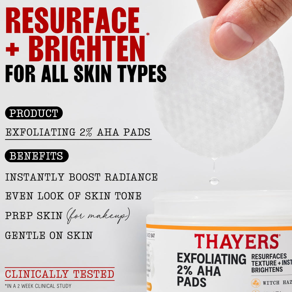 Thayers Exfoliating 2% AHA Pad, lado suave, limpia impurezas y textura suave.