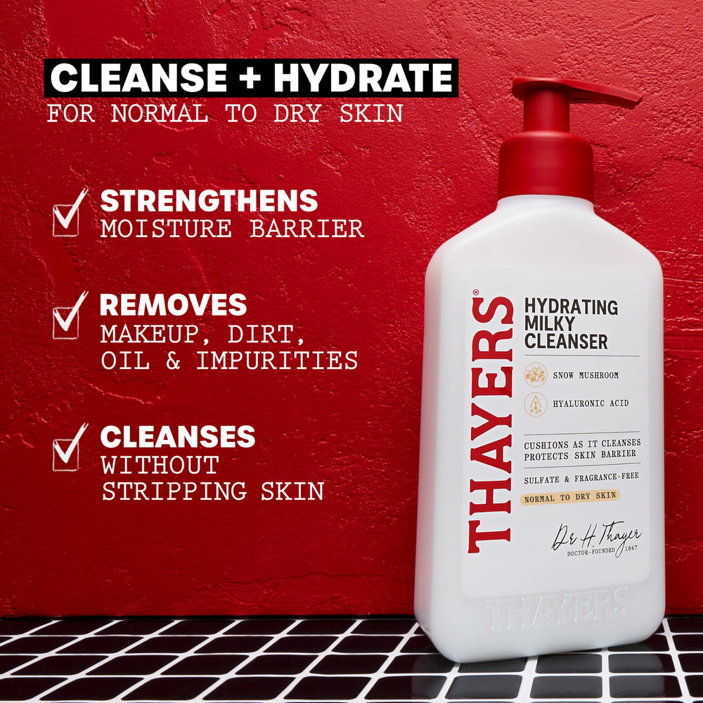 Aplicación diaria de Thayers Milky Hydrating Cleanser para rostro