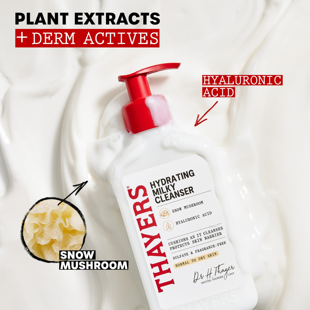 Textura cremosa de Thayers Milky Hydrating Cleanser para limpieza suave