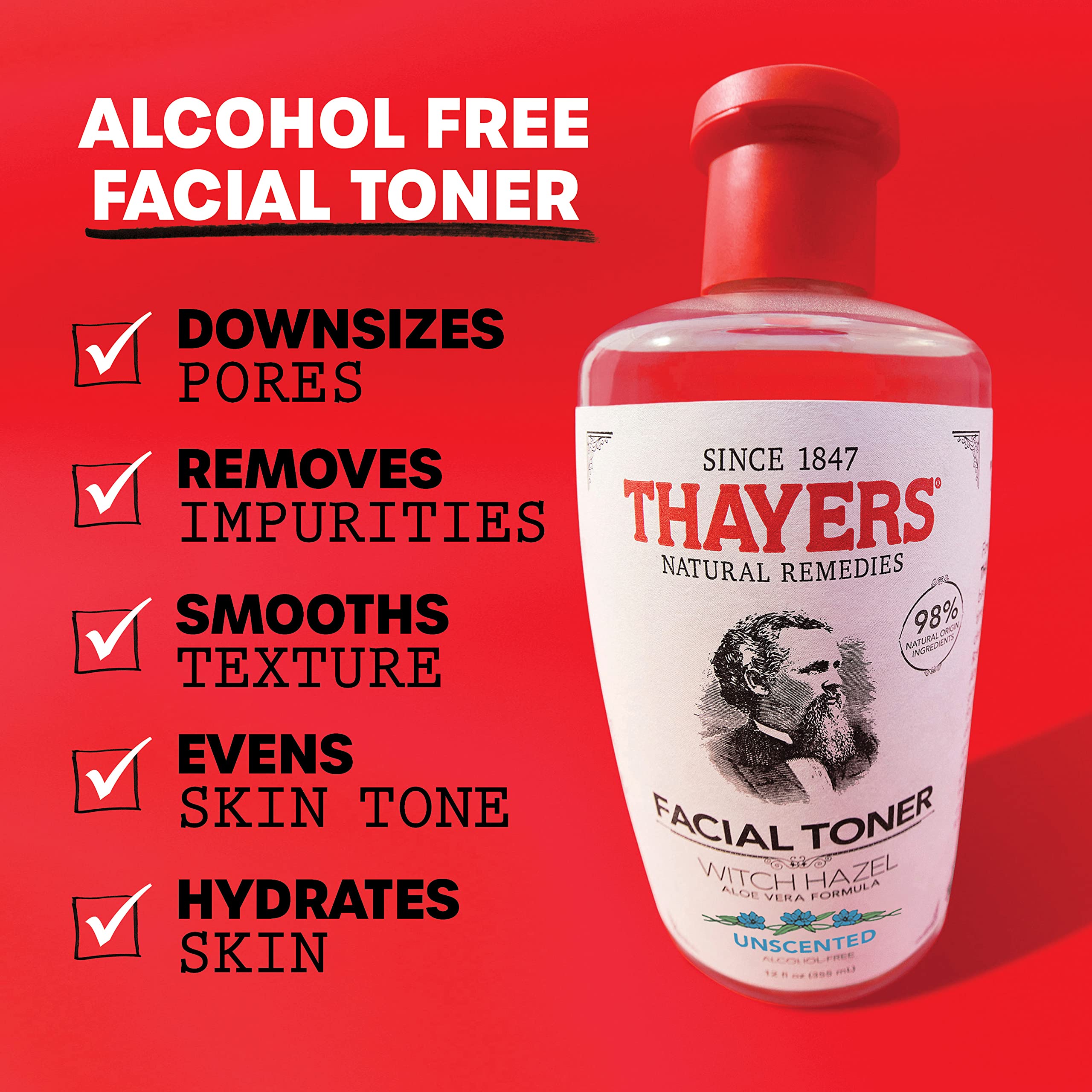 THAYERS Tónico sin alcohol, aplicación en rostro: tonifica y reduce apariencia de poros.
