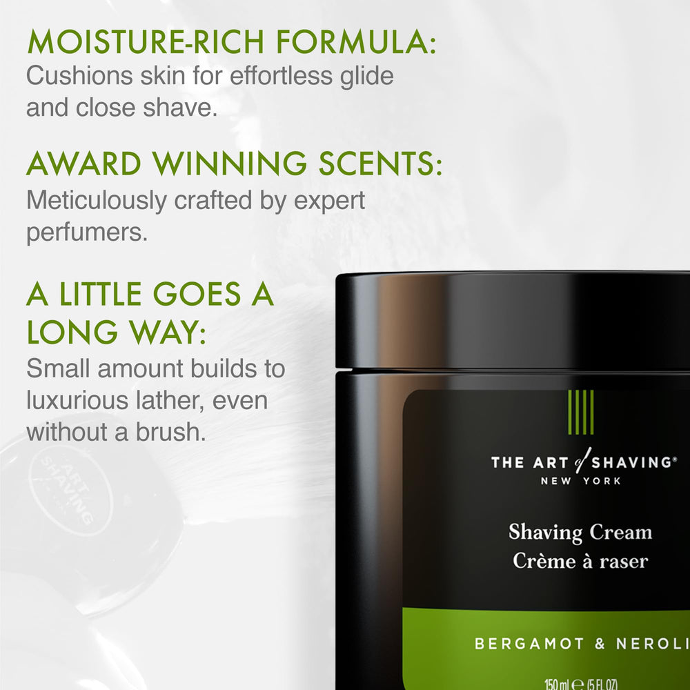 The Art of Shaving Bergamot & Neroli shaving cream lather emphasizes glide and protection.