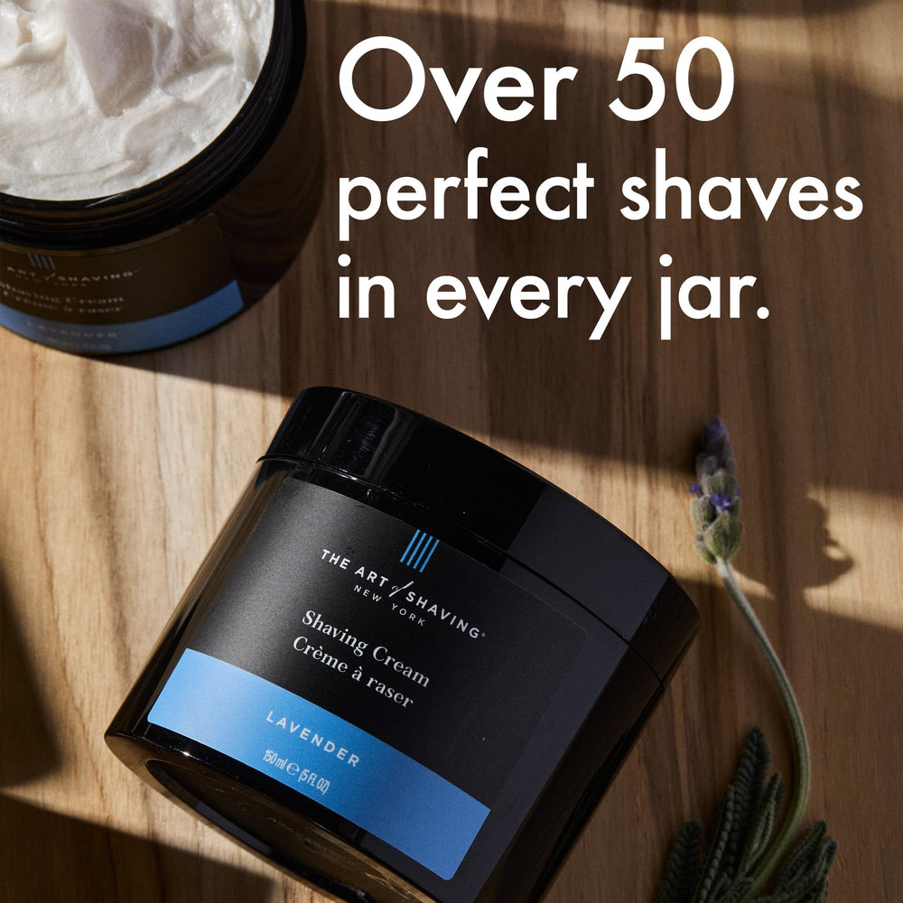 The Art of Shaving Lavender shaving cream close-up texture highlights glycerin-rich formula.