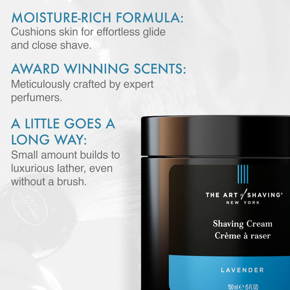 The Art of Shaving Lavender shaving cream lather creating a smooth beard lift.