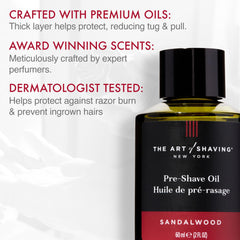 Close-up of The Art of Shaving bottle pouring sandalwood scent for calm prep.