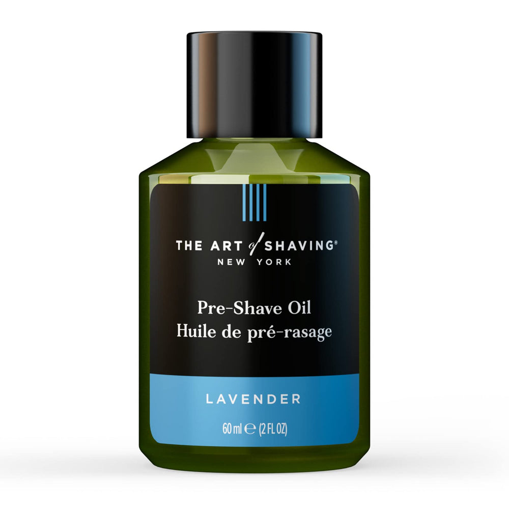 The Art of Shaving Pre-Shave Oil Lavender bottle shown for a smooth shave preparation.