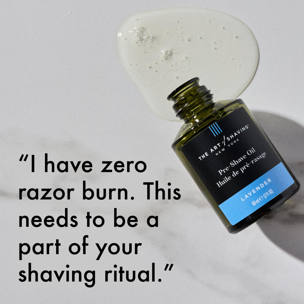 The Art of Shaving pre-shave oil bottle detail emphasizes quality and brand heritage.