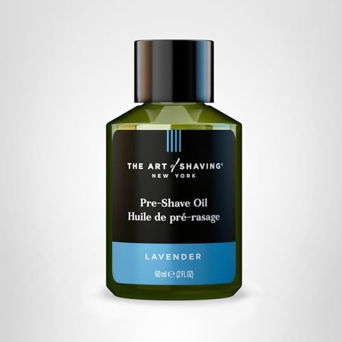The Art of Shaving Lavender oil on counter presents a tidy, ritual-ready grooming setup.