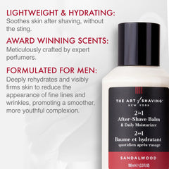 The Art of Shaving sandalwood balm bottle showcases rich moisture and quality.