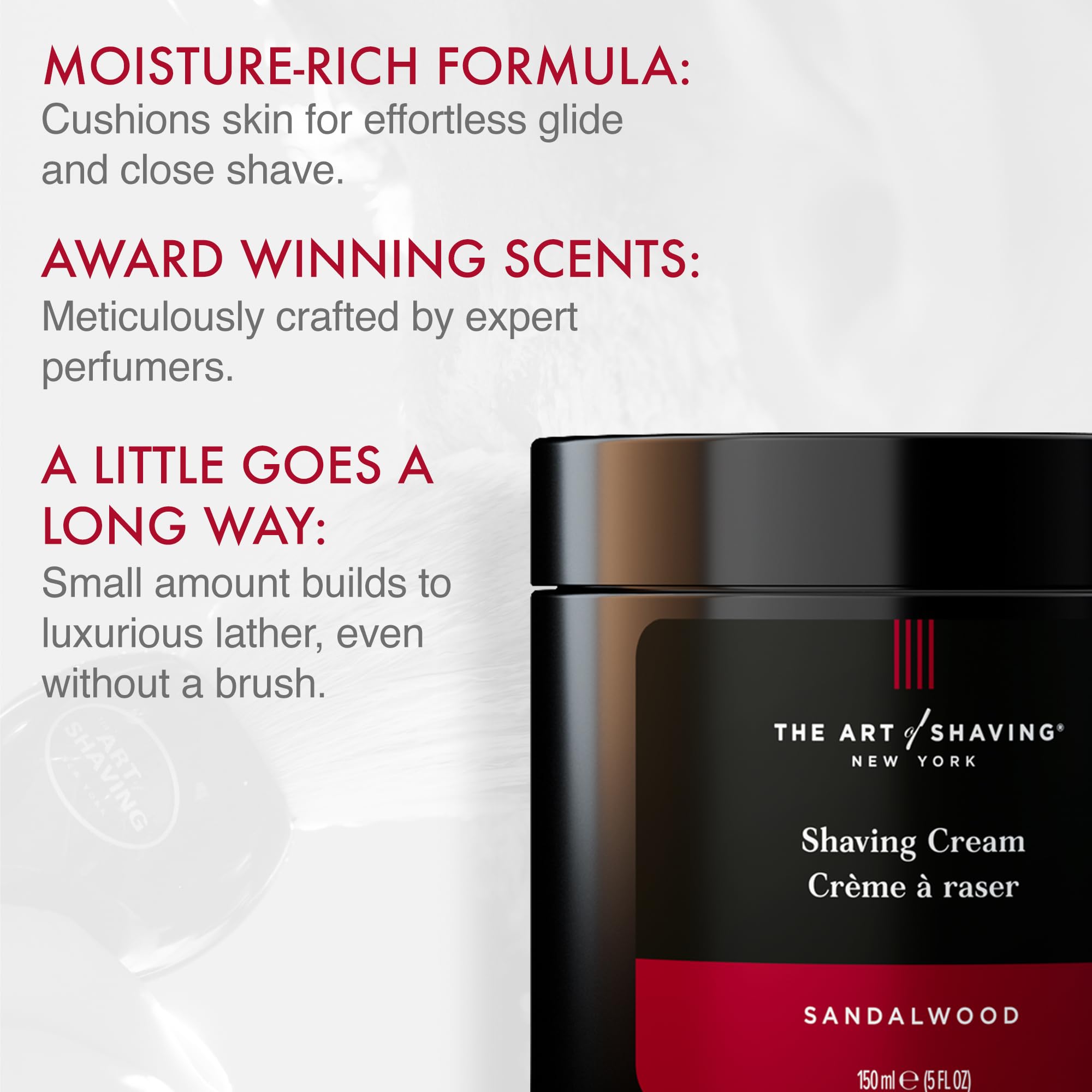 Rich texture close-up shows creamy lather that softens facial hair.