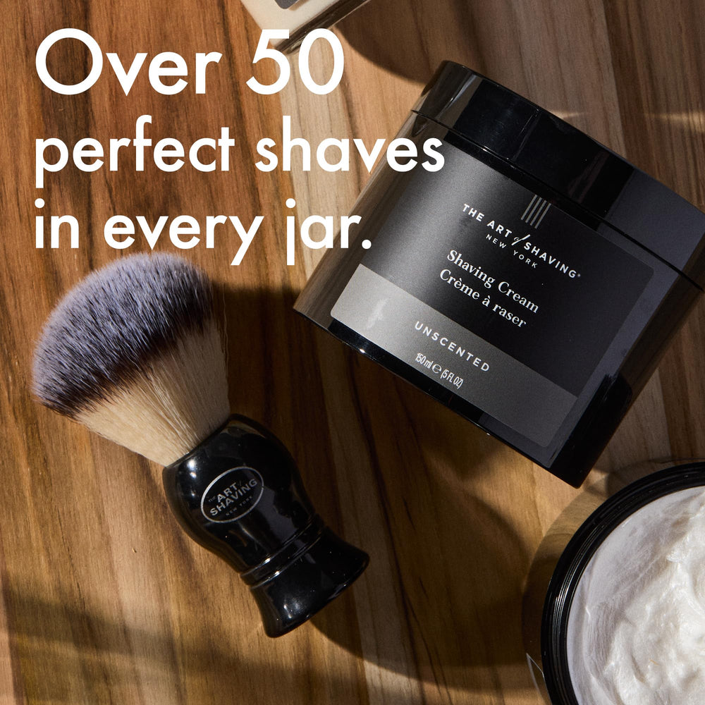 The Art of Shaving unscented shaving cream brush-application demonstrates effortless lather creation.