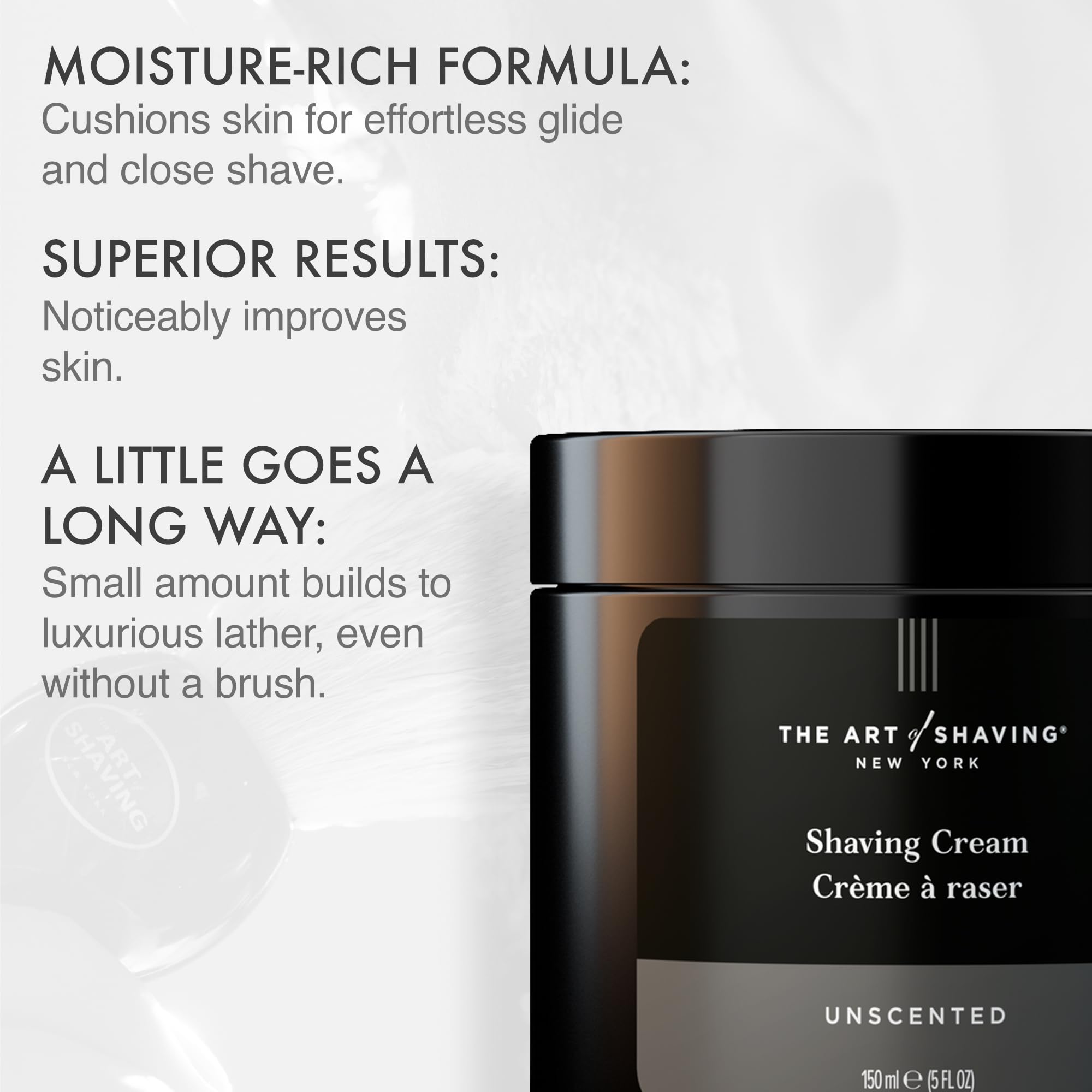 The Art of Shaving unscented shaving cream lather close-up shows rich foam for smooth glide.